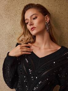 MOTF PREMIUM WINTER SEQUIN POINTELLE KNIT V NECK SWEATER - Black - View 7