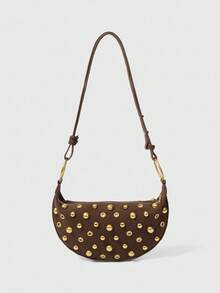 ELLA GRACE Rustic Coffee Brown Suede Half - Moon Shoulder Bag Decorated With Gold Studs And Rings, Showcasing Retro Punk Flair, Adjustable Strap For All - Day Wear, New Autumn And Winter Women Bag, Best Fall Purse, Perfectly Matching With Fall Outfits Womenfall Clothes For Women