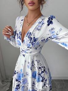 Elenzga 女式碎花灯笼袖中长连衣裙，法式浪漫设计，修身腰身，性感V领，适合约会、派对，可与夹克叠穿 - 藍色 - 查看 3