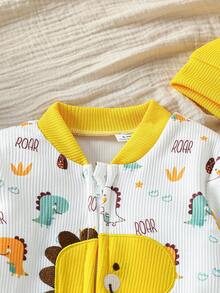 SHEIN Baby Boy Cute Dinosaur Print Long Sleeve Jumpsuit And Hat Set, Casual For Spring/Autumn - Multicolor - View 7