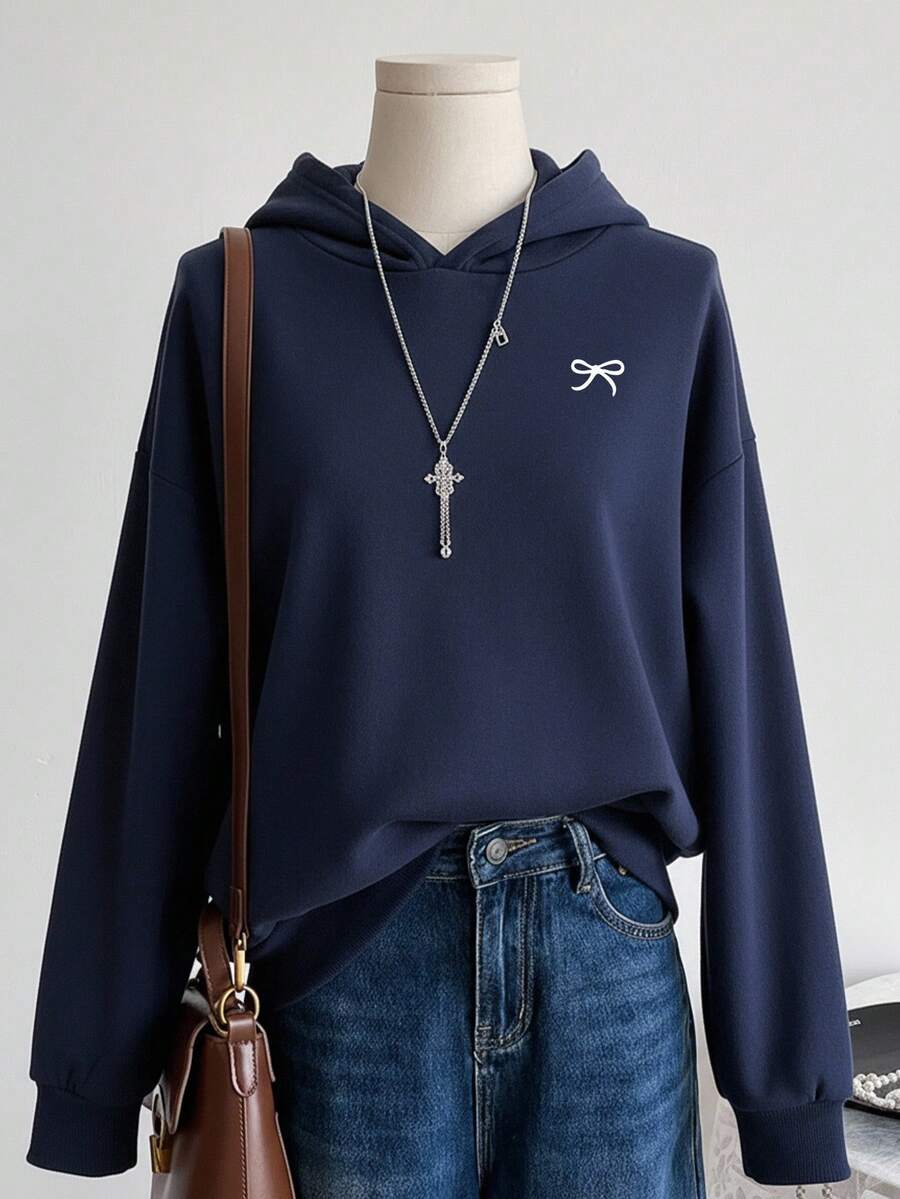 SHEIN 休闲舒适的蝴蝶印花卫衣,宽松版型,适合青少年女孩,秋冬季穿着。 - 藏蓝色 - 查看 1