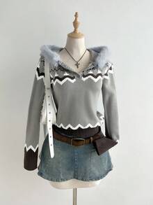 Flirla Women's Casual Geometric Pattern Hooded Sweater With Fur Collar Christmas - Multicolor - View 3