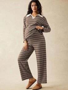 Boho Mama 2 件孕妇条纹 Polo 领长袖 T 恤和可调节腰围休闲裤 - 彩色 - 查看 4