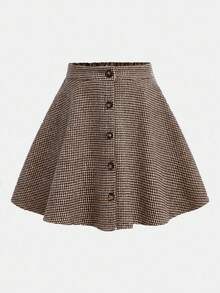 Serisse Kids Tween Girls' Casual Everyday Vintage Versatile Elegant Houndstooth Button Front A-Line Skirt, Collegiate Patterned Skirt, Khaki Skirts, Brown Skirt, Cute Skirt, Skirt Outfit