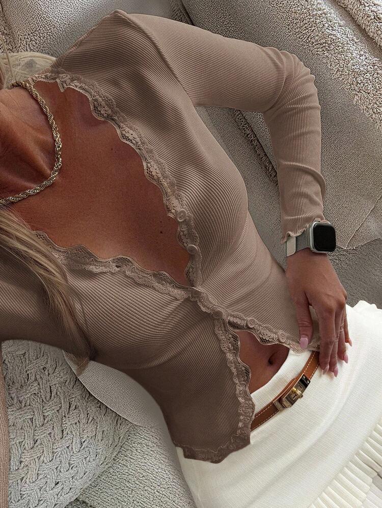 Women's Lace Frill Trim Fitted Cardigan Long Sleeve Top