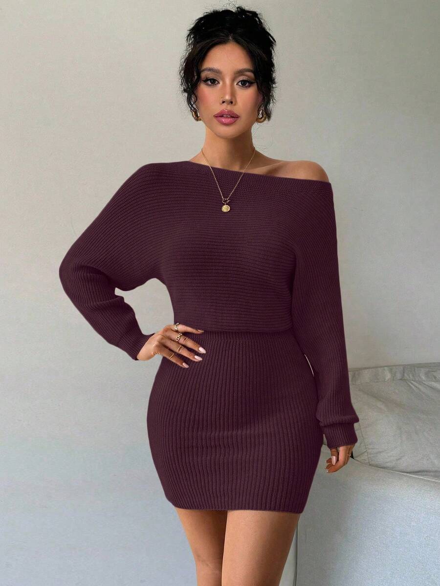 Rafferiza Autumn/Winter New Solid Color Cinched Waist Bodycon Knit Dress - Purple - View 1