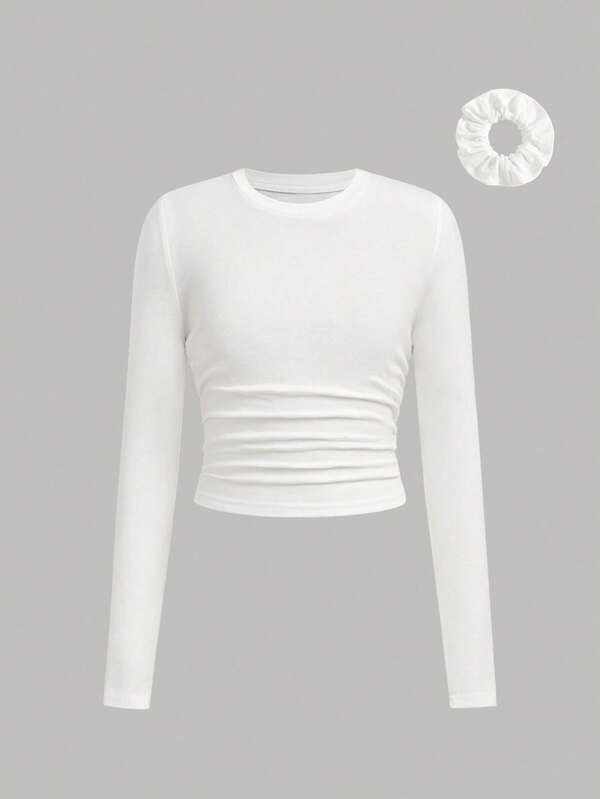 SHEIN Girlism Tween Girls White Knit Ruched Design T-Shirt With Hair Scrunchie, Casual Daily Fashion Versatile