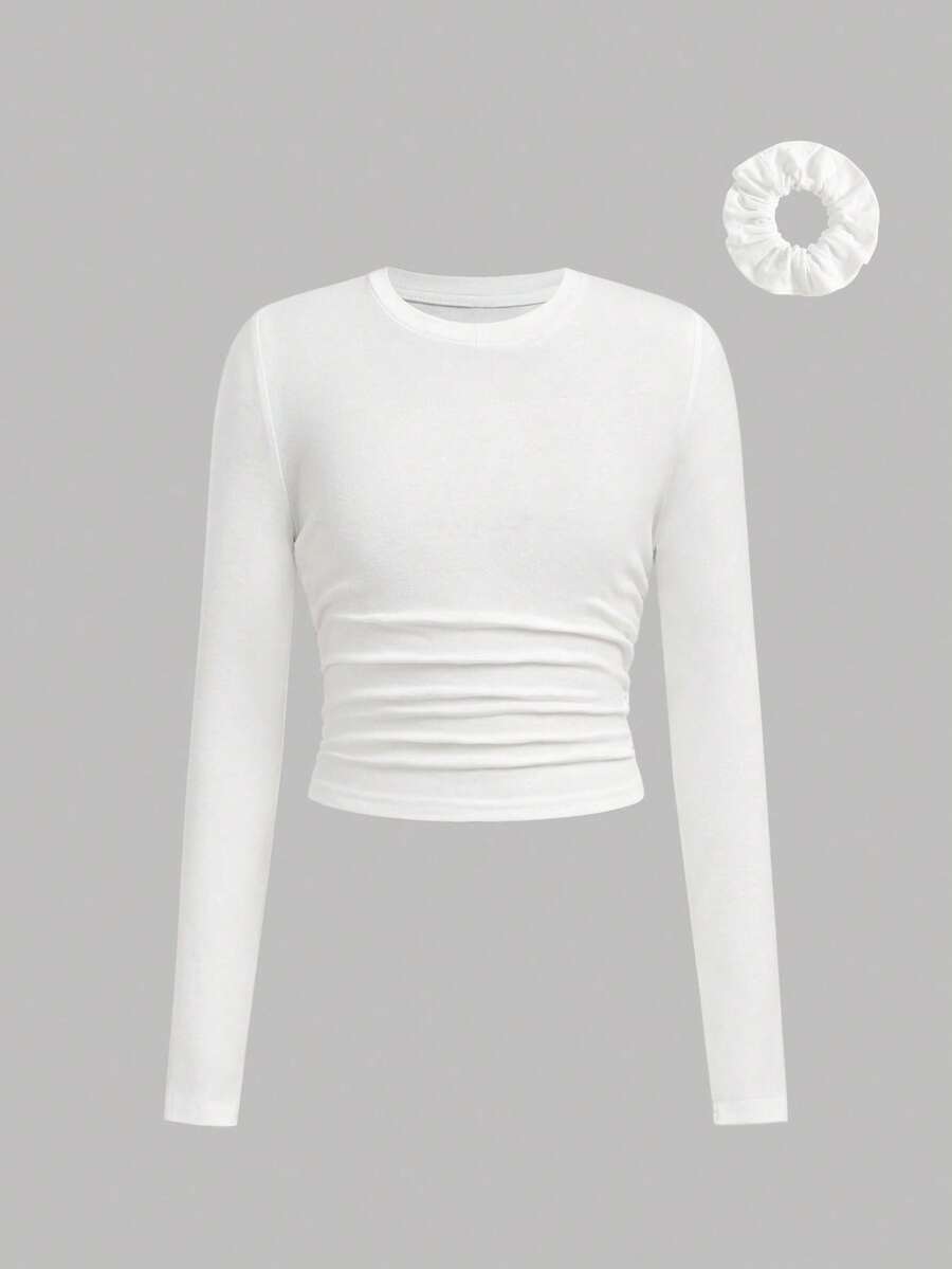 SHEIN Girlism Tween Girls White Knit Ruched Design T-Shirt With Hair Scrunchie, Casual Daily Fashion Versatile - White - View 1