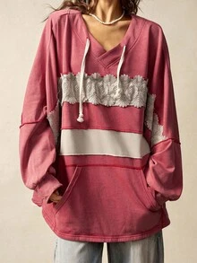 Bohemela 休闲针织拼接连帽长袖宽松水洗长款女士卫衣秋冬装 - 紅色 - 查看 3