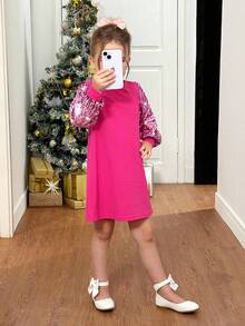年轻女孩和年轻女孩的优雅拼接串珠派对礼服，适合秋季，可爱渐变人造珍珠装饰圆领连衣裙，适合婚礼季节、圣诞节、生日礼物、派对穿着、妈妈和女儿及姐妹搭配。 - 玫紅色 - 查看 5