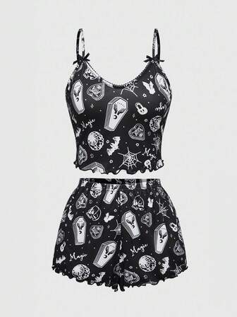 Goth Conjunto de pijama de tirantes con estampado de esqueleto, araña y murciélago en todo el diseño para mujer