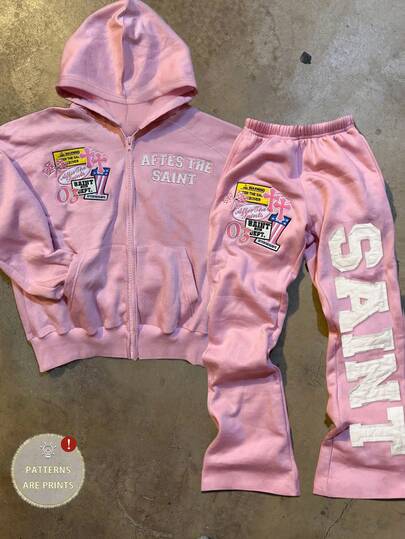 INAWLY Y2K Style Applique Embroidery & English Letter Graphic Print, Street Fashion 2 Pieces Set For Women