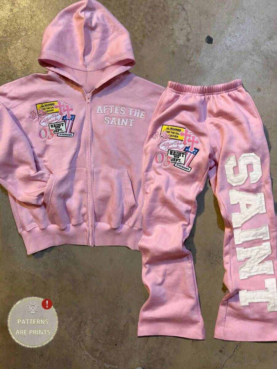 INAWLY Y2K 风格贴花刺绣和英文字母图案印花，街头时尚女士两件套 - 粉色 - 查看 1