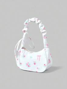 ROMWE Kawaii 1buc nailon alb cu imprimeu floral cu fermoar geantă de umăr casual, versatilă și la modă pentru femei uz zilnic