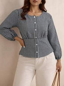 Vionelle Chemise à carreaux à manches longues et col rond pour femmes grandes tailles, nouvelle collection automne. Élégante pour le travail et le port quotidien - Multicolore - Voir 5