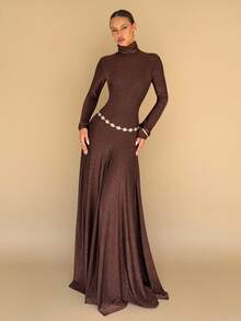 Almamuse 女式高领A字长裙，秋冬 - 棕色 - 查看 1