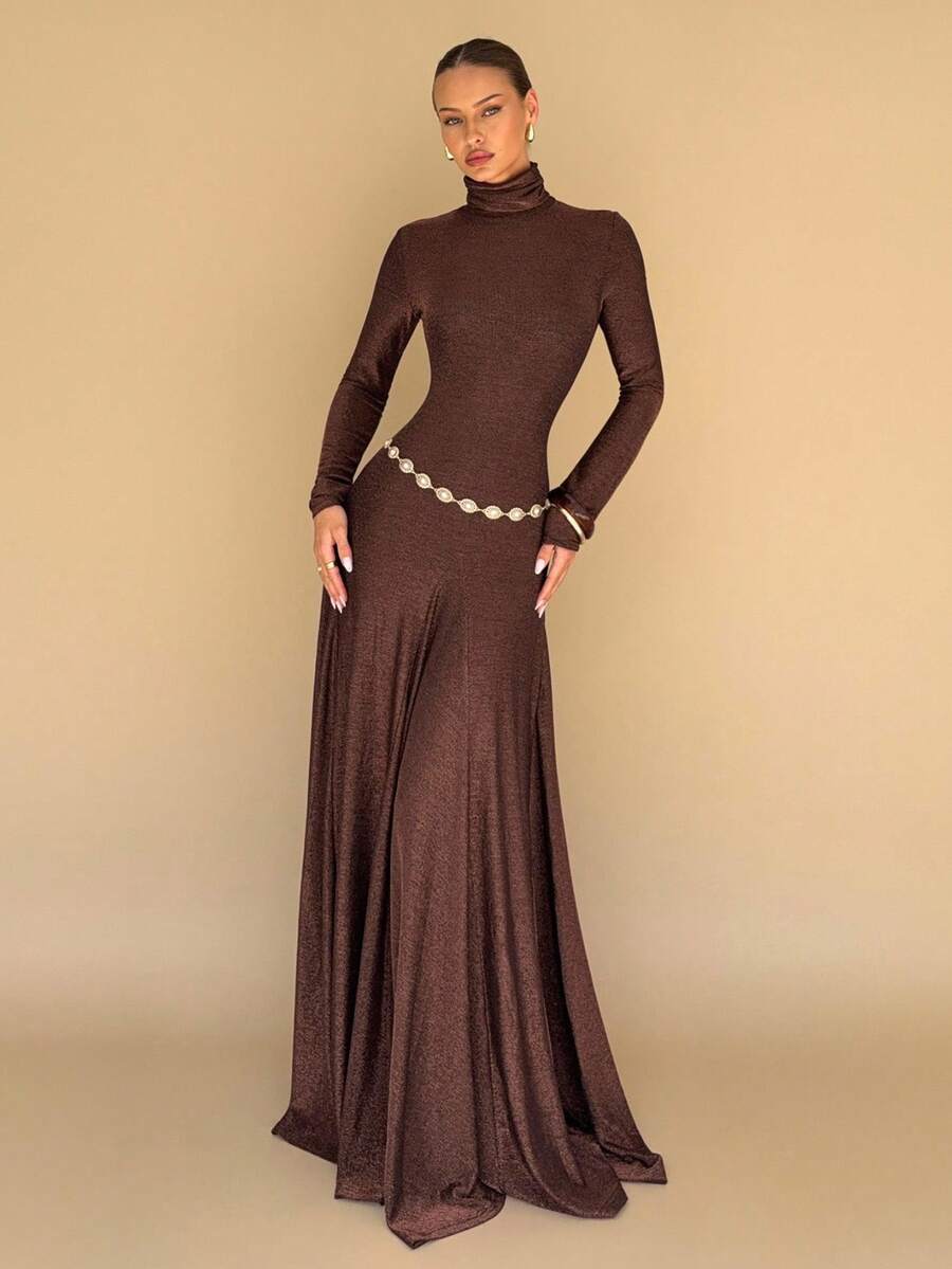 Almamuse 女式高领A字长裙，秋冬 - 棕色 - 查看 1