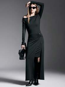INAWLY 1 pieza Conjunto de vestido largo ligero con abertura plisada artística y etiqueta de metal - Negro - Ver 4