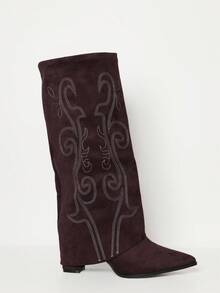 MUSERA 棕色绒面革翻边刺绣高跟牛仔靴 - 棕色 - 查看 3