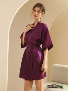 1 件女士纯色优雅系带短款缎面丝绸睡袍柔软睡衣新娘伴娘返校节秋冬睡衣家居服浴袍节日礼物情人节 - 紫色 - 查看 6