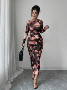 Elenzga 女士斜肩长袖修身腰部抽绳开叉扎染印花优雅精致连衣裙