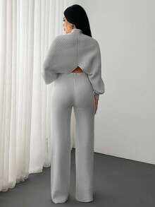 EURMUSE 2 Pieces Ribbed Knit Lounge Set Featuring Asymmetrical Sweater With Decorative Bow Accents And Matching High-Waisted Pants - Grey - View 2