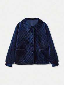 lacRébo Áo khoác nhung chần bông màu xanh nước biển có túi trước và nút cài, trang phục mùa thu cho nữ, trang phục mùa thu, trang phục mùa thu cho nữ, mùa thu đông - Màu xanh lam - Xem 7