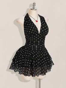 SHEIN ICON 大码女式复古波尔卡圆点V领荷叶边迷你连衣裙 - 黑與白 - 查看 5