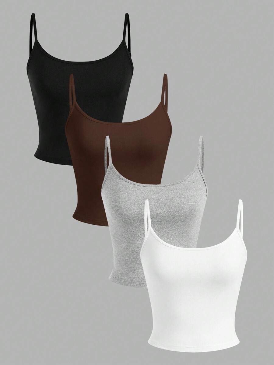 SHEIN EZwear 4 件套女式紧身短款休闲背心，颜色有黑色、棕色、花灰色、白色 - 彩色 - 查看 1