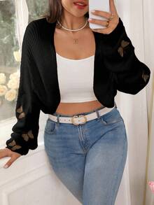 SHEIN LUNE Plus Size Women Solid Color Knitted Butterfly Embroidered Short Cardigan, Fashionable And Versatile For Autumn/Winter - Black - View 8