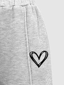 SHEIN 2 件套 Tween Girls 保暖内衬字母和心形图案超大运动衫和阔腿运动裤套装，浅灰色 - 淺灰色 - 查看 6