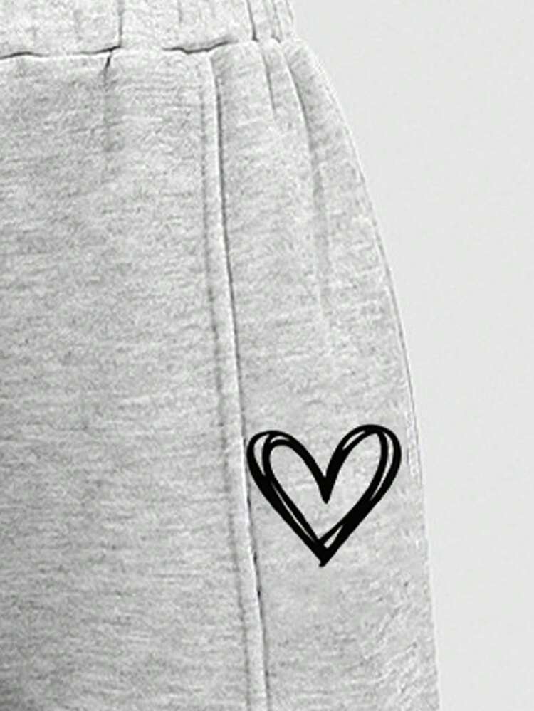SHEIN 2 件套 Tween Girls 保暖内衬字母和心形图案超大运动衫和阔腿运动裤套装，浅灰色 - 淺灰色 - 查看 6