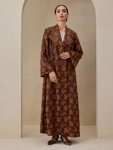 Graceveil Oversized Collar Contrast Color Long Sleeve Loose Autumn/Winter Outerwear Abaya Robe, Coffee Brown - Coffee Brown - View 3