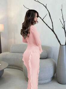 Jemour 优雅花朵点缀长袖粉色连衣裙，秋季服装，适合休闲约会、活动和派对 - 粉色 - 查看 2