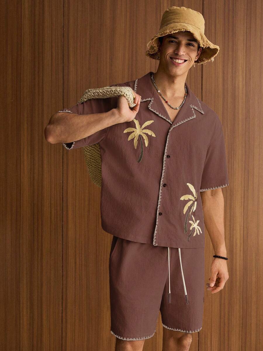 SWAVVY 2pcs Men Casual Loose Fit Short Sleeve Shirt And Elastic Waist Straight Leg Shorts Set - Coffee Brown - View 1