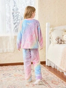 SHEIN 独角兽夜光珊瑚绒睡衣套装，长袖上衣和裤子，可爱少女睡衣套装 - 彩色 - 查看 3