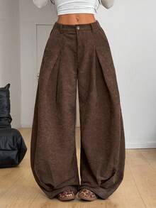 Coolane 女士休闲复古纯色阔腿裤 - 棕色 - 查看 6