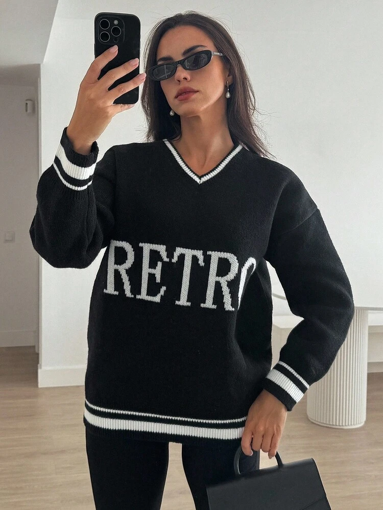Women's V-Neck Letter Print Loose Streetwear Sweater