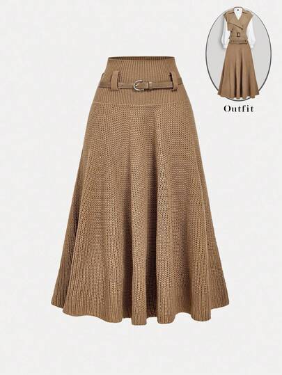 SHEIN MOD Women's Camel Knitted Knit High Waist Cinched Waist A-Line Skirt With Belt,Halloween,Brown Skirt,Wool Knit Skirt,Fall / Winter Clothes For Women,Going Out Skirt,Chic,Country , Belt Skirt, Brown Knit Skirt, Midi Skirt