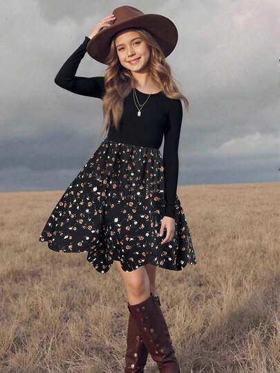 SHEIN Vestido casual minimalista e confortável para meninas adolescentes, gola redonda, liso e floral, patchwork, manga comprida, outono/inverno