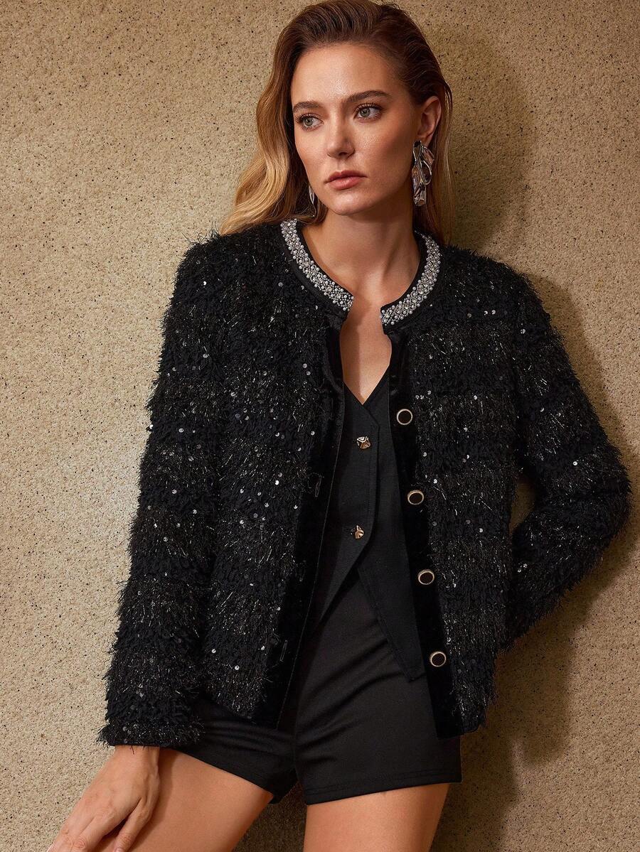 MOTF PREMIUM 亮片毛绒人造珍珠串珠饰边夹克 - 黑色 - 查看 1