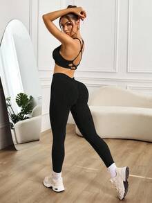 SHEIN Sports 无缝高弹力罗纹针织女式运动套装 - 黑色 - 查看 3
