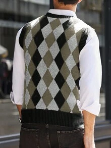 Manfinity Mode Men's Contrast Argyle Knit Sweater Vest, Fall/Winter - Multicolor - View 2