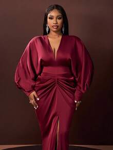 Veslaya Burgundy Autumn Elegant Formal Wedding Plus Size Women's Dress,Satin V-Neck Long Sleeve Ruched Waist Maxi Dress With High Slit For Party Date Night - Burgundy - View 7