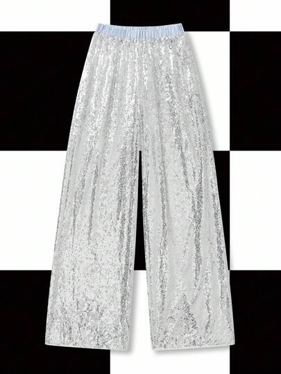 Shutterstock Y2Kool Pantalones anchos de cintura con cordón, con parches a rayas, con lentejuelas, de ajuste holgado, para mujer, nueva llegada: pantalones plateados con lentejuelas, pantalones anchos, conjuntos plateados de moda para mujer, colección de ropa de estilo, atuendos de Año Nuevo