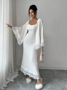 Elenzga French Style Elegant Cardigan & Slip Dress 2 Pieces Set Women's Christmas Party Dress 2 Pieces Set Women's Christmas Sweater & White Dress 2 Pieces Set - Apricot - View 3