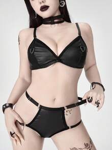 ROMWE Grunge Punk Bộ áo ngực và quần lót tam giác PU Punk tối màu dành cho nữ có khóa kim loại, Bộ đồ lót gợi cảm - màu đen - Xem 7