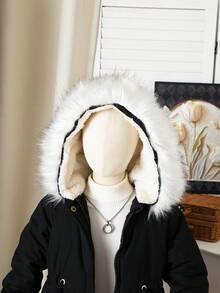 SHEIN 女童加厚派克大衣，时尚连帽，仿皮草领，拉链开合，腰部抽绳，口袋，百搭，适合秋冬 - 黑色 - 查看 4