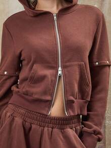 COUREZ Shrunken Fit Zip Up Hoodie With Removeable Sleeves /Y2K  Clothes For Women Spring Clothes For Women Casual Loungewear Streetwear Cute Brown - Mocha Brown - View 6