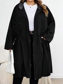 SHEIN CURVE+ 大码女式时尚黑色连帽口袋设计中长夹克，适合秋季，女式连帽风衣，大码冬季连帽夹克，大码雨衣，大码外套，大码拉链夹克，大码休闲夹克 - 黑色 - 查看 3